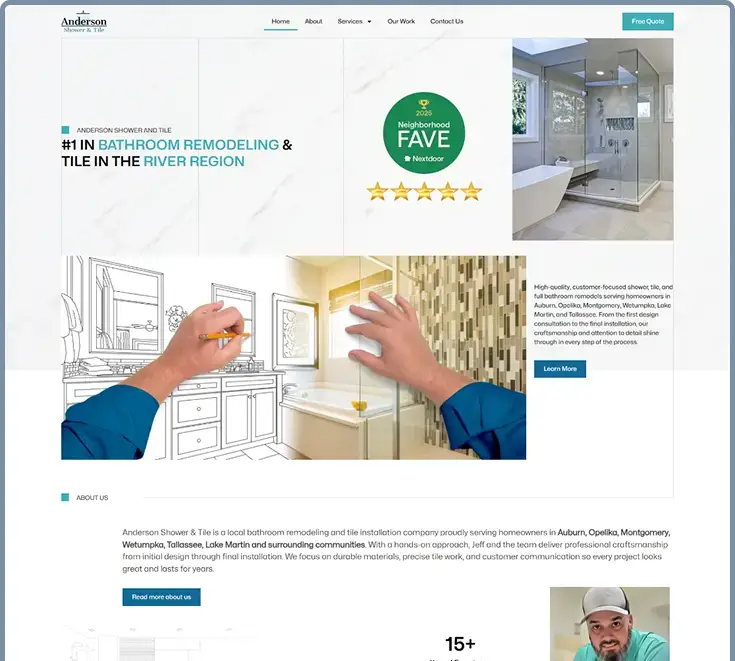Homepage view of the Anderson Shower and Tile website designed by Kmarks.