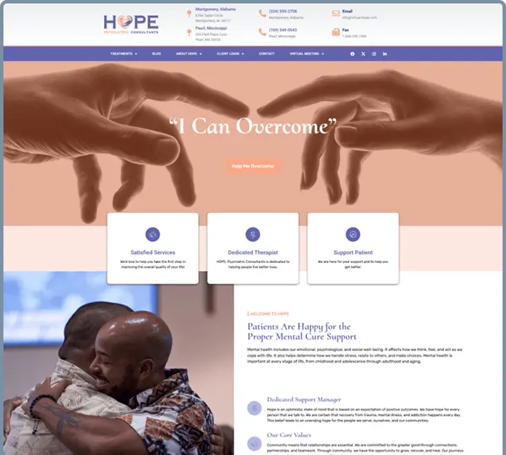 Homepage view of the HOPE Psychiatric Consultants website designed by Kmarks.