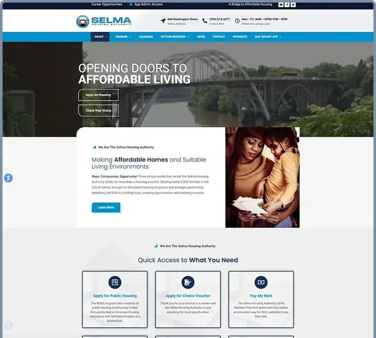 Homepage view of the Selma Housing Authority website designed by Kmarks.