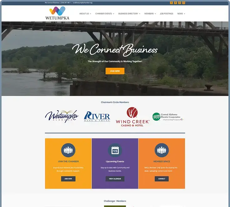 Homepage view of the Wetumpka Chamber of Commerce website designed by Kmarks.
